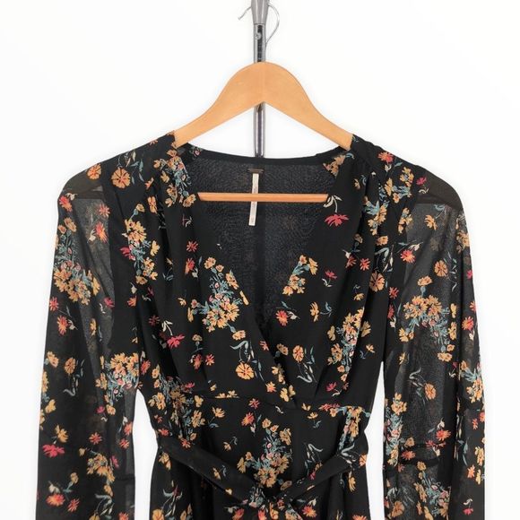 Free People Lilou Black Floral Print Mini Dress Belted Long Bell Sleeves - Picture 3 of 11